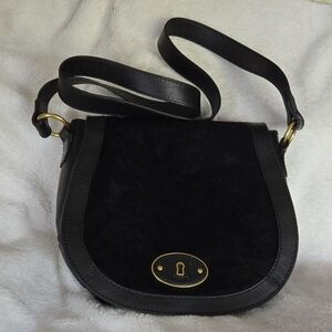 Fossil Black Cowhide Hair and Leather Saddle Crossbody Bag with Adjustable Strap